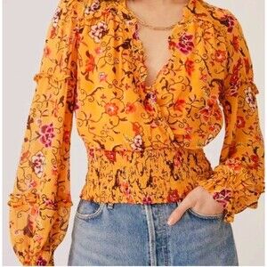 Anthropologie Floral  Blouse Size S Orange Long Sleeves Smocked Waist V Neck New
